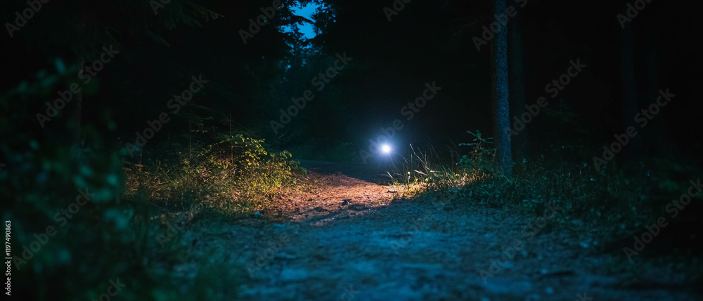 Spotlight illuminates winding path through the mysterious forest at twilight Spotlight illuminates winding path through the mysterious forest at twilight