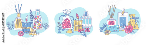Luxury perfume vector set with vintage bottles filled with aromas of rose, chamomile, berry