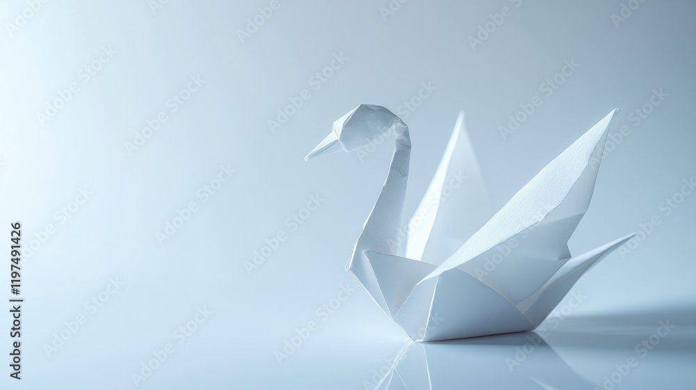 White origami swan on a reflective surface with soft lighting ideal for artistic and decorative uses Copy Space available for text placement White origami swan on a reflective surface with soft lighting ideal for artistic and decorative uses Copy Space available for text placement
