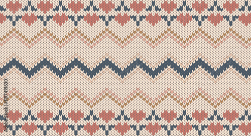 Pink heart and blue zigzag knitted pattern, Festive Sweater Design. Seamless Knitted Pattern