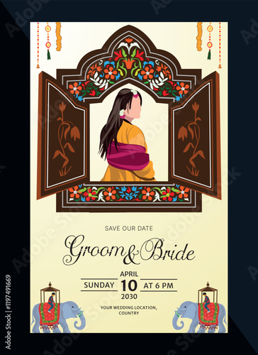 indian mehndi and haldi invitation card in mughal art design form containing jharokha