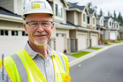 skilled roofing contractor, residential project backdrop, proud expression photo