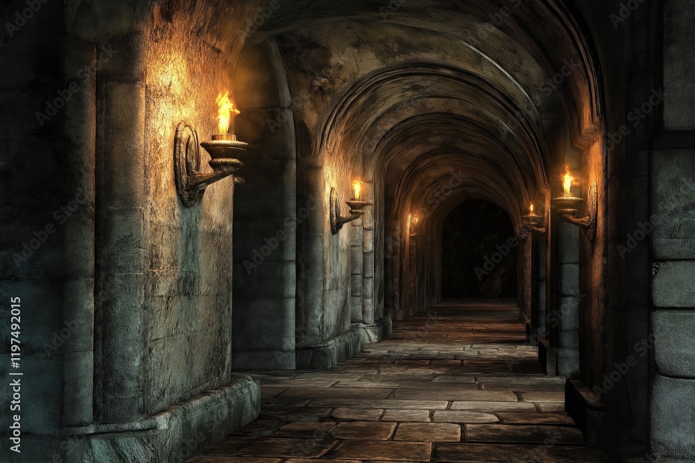 A dimly lit medieval tunnel featuring stone walls and flickering torches. A dimly lit medieval tunnel featuring stone walls and flickering torches.