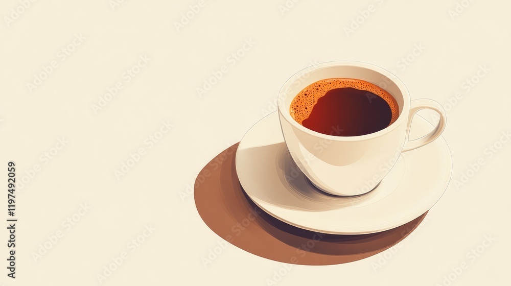 Obraz premium Minimalist coffee cup on saucer with dark coffee, featuring ample copy space for design or text placement, ideal for beverage-themed projects.