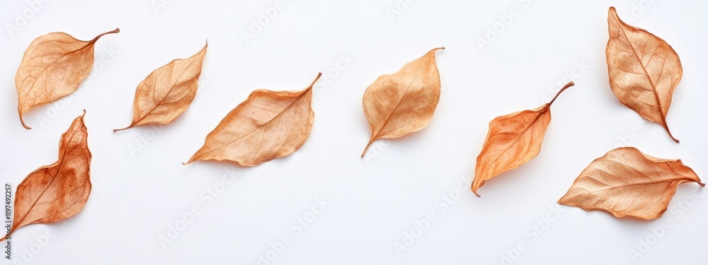 Dried autumn leaves arranged in a row on white background with ample copy space for text placement. Dried autumn leaves arranged in a row on white background with ample copy space for text placement.