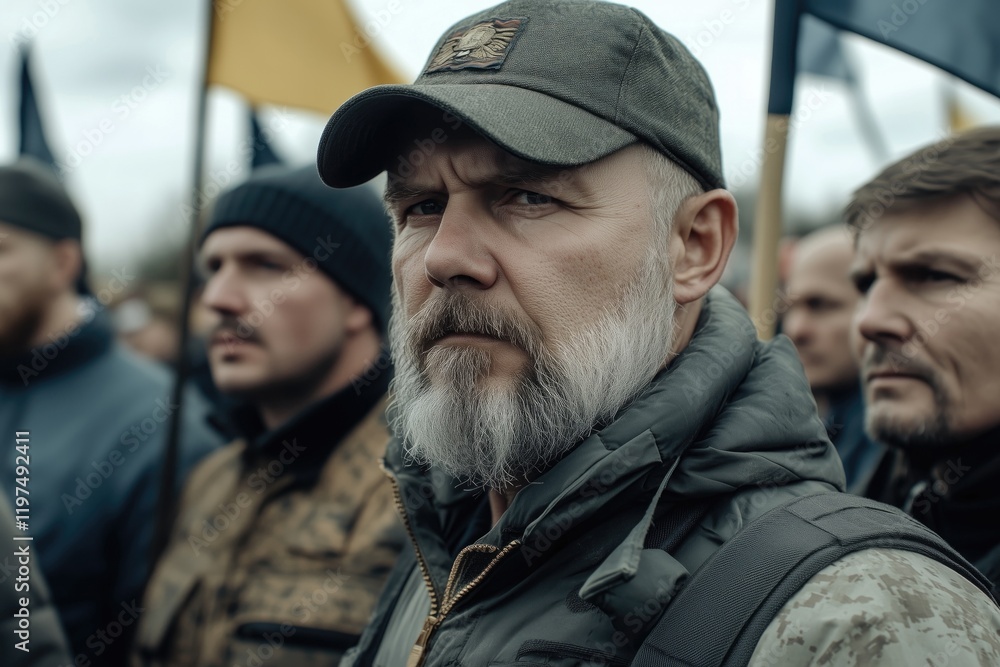 Fototapeta premium A group of Ukrainian citizens holding flags during an outdoor gathering.