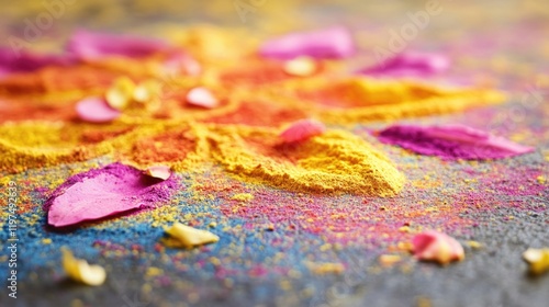 Colorful Rangoli Design Made with Colored Powders and Flower Petals on a Dark Surface with Copy Space for Text