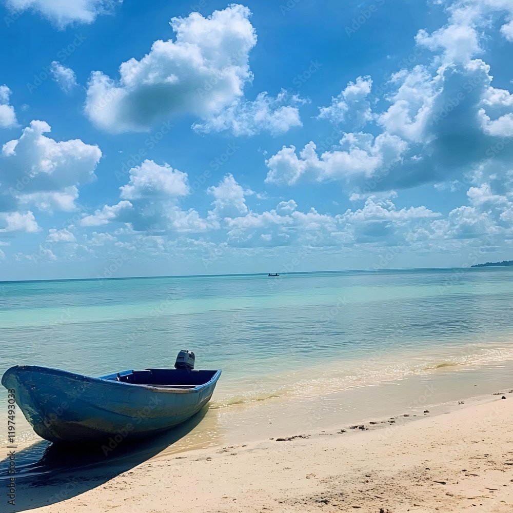 Serene Beach Scene with Blue Boat under Sunny Sky Serene Beach Scene with Blue Boat under Sunny Sky