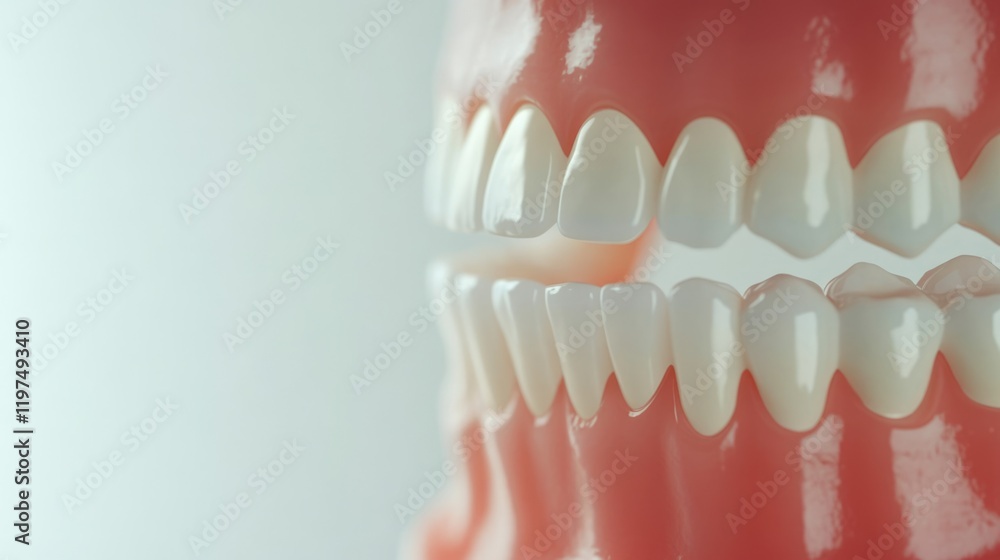 Obraz premium Human teeth model showcasing upper and lower dental arches with realistic details and Copy Space for educational dental content.