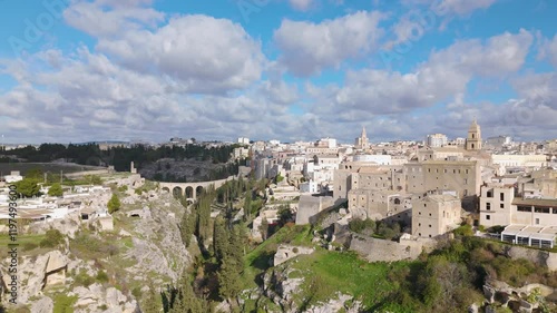 Aerial drone video of the gorge and roman bridge in Gravina in Puglia, Italy.