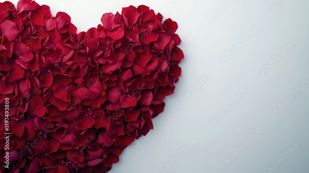 Heart shape made of red rose petals on a white background with ample copy space for text and messages about love and romance. Heart shape made of red rose petals on a white background with ample copy space for text and messages about love and romance.