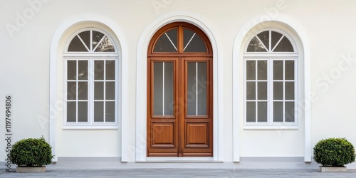 Elegant wooden double door framed by two arched windows with decorative plants on either side and neutral wall background Copy Space photo