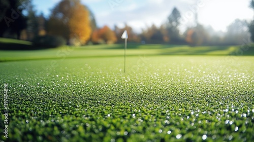 Early morning dew on a pristine golf course putting green with a pin marker and bright sunlight in the background Copy Space