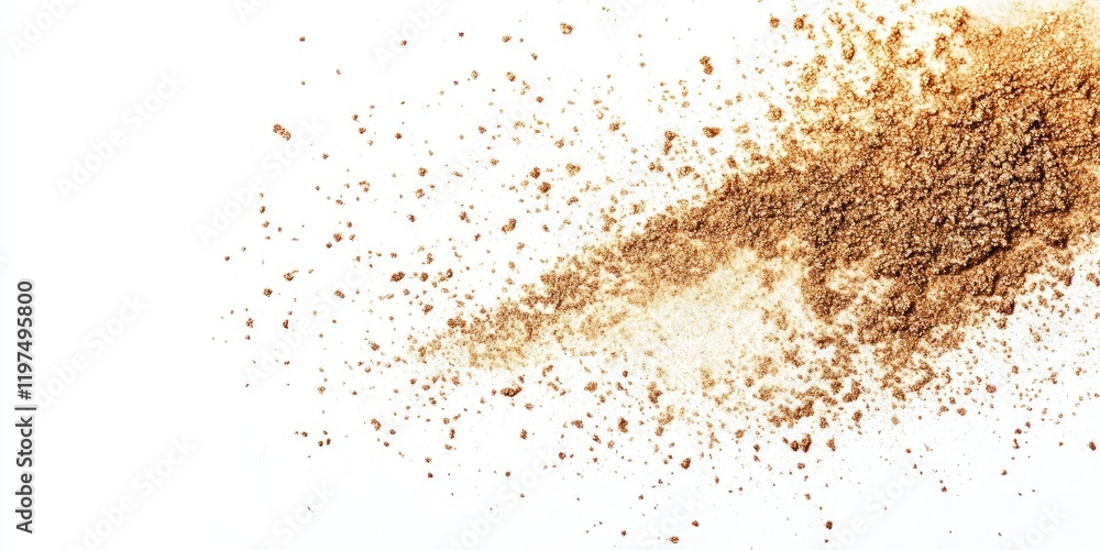 Brown powder explosion on white background with copy space for text placement Brown powder explosion on white background with copy space for text placement