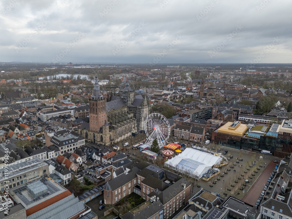 Aerial drone view of the Sint-Janskathedraal and the town square in Den Bosch, the Netherlands. Aerial drone view of the Sint-Janskathedraal and the town square in Den Bosch, the Netherlands.