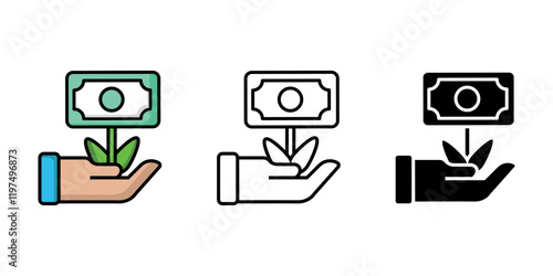 Money tree in human hand icon. Hand holding dollar tree sign. Cash plant symbol. photo