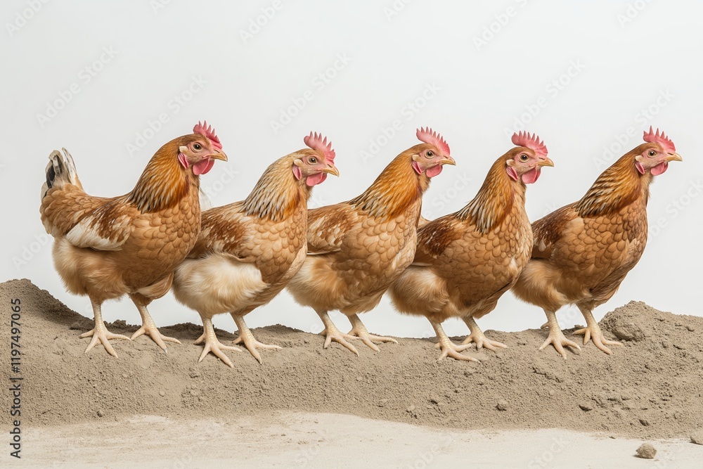 Fototapeta premium Five chickens scratching in the dirt stand in a line, showcasing their vibrant plumage and distinct personalities. Nature's charm in a simple moment.