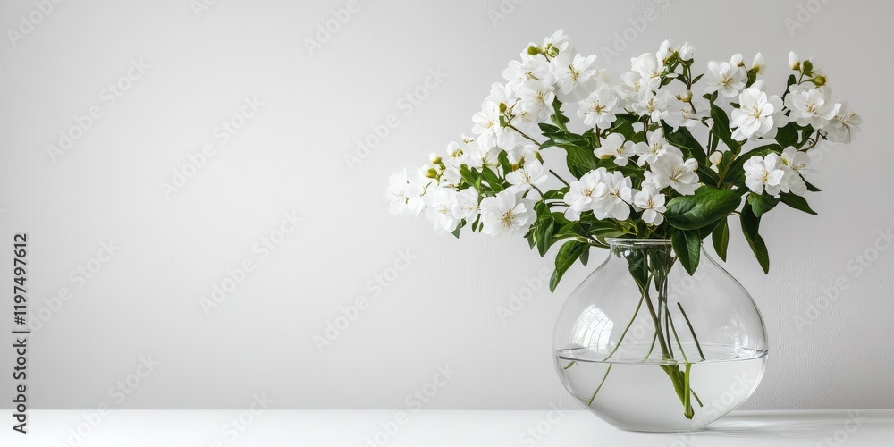 White flower bouquet in a clear glass vase on a minimalist white background with copy space for text or design elements. White flower bouquet in a clear glass vase on a minimalist white background with copy space for text or design elements.