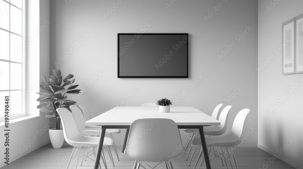 A modern, minimalist meeting room with a monochrome color scheme, sleek furniture, and a small potted plant for a touch of green. A modern, minimalist meeting room with a monochrome color scheme, sleek furniture, and a small potted plant for a touch of green.