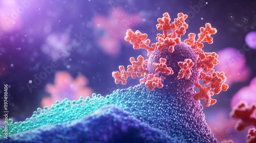 Microscopic 3D visualization of coronavirus structure with detailed protein spikes in coral red color against turquoise surface, artistic medical illustration in purple tones.