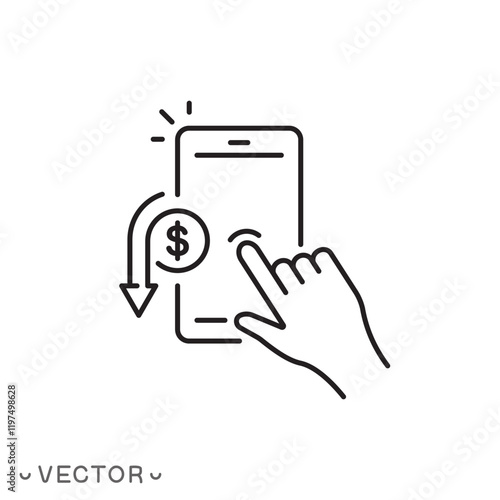 cashback icon, money refund on smartphone, thin line symbol concept isolated on white background, editable stroke eps 10 vector illustration