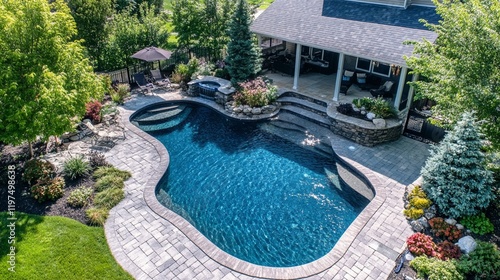 Luxurious freeform swimming pool with curved edges and stone patio, featuring built-in spa, elegant landscaping, and covered porch area in backyard of upscale residence.