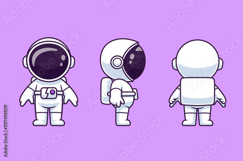 Cute Astronaut With Front, Side And Back View Cartoon Vector Icon 
Illustration. Science Technology Icon Concept Isolated Premium Vector. 
Flat Cartoon Style 