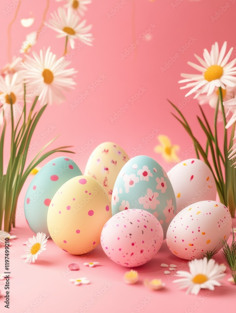 Fototapeta premium Hello Monday message with Easter eggs on a pink background