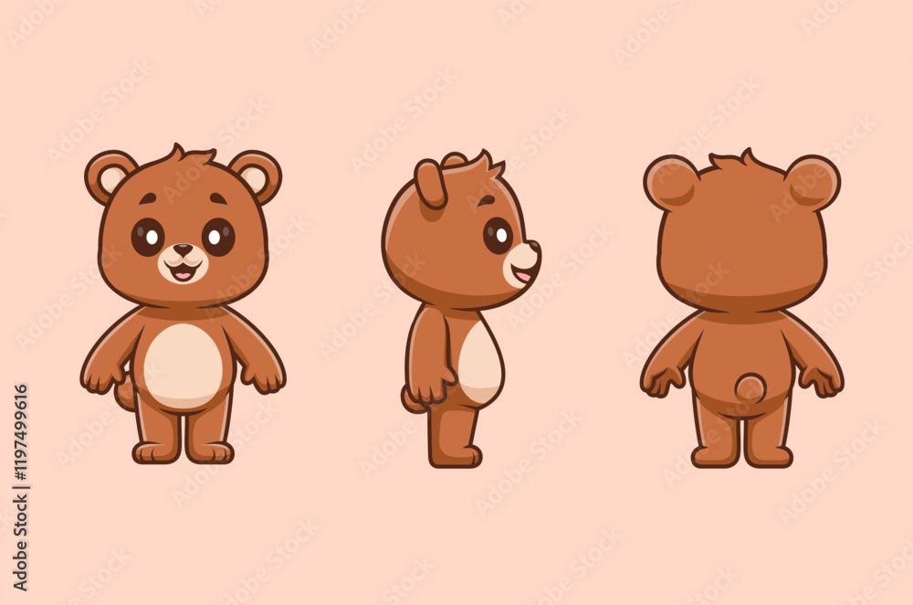 Fototapeta premium Cute Bear With Front, Side And Back View Cartoon Vector Icon Illustration. Animal Nature Icon Concept Isolated Premium Vector. Flat Cartoon Style