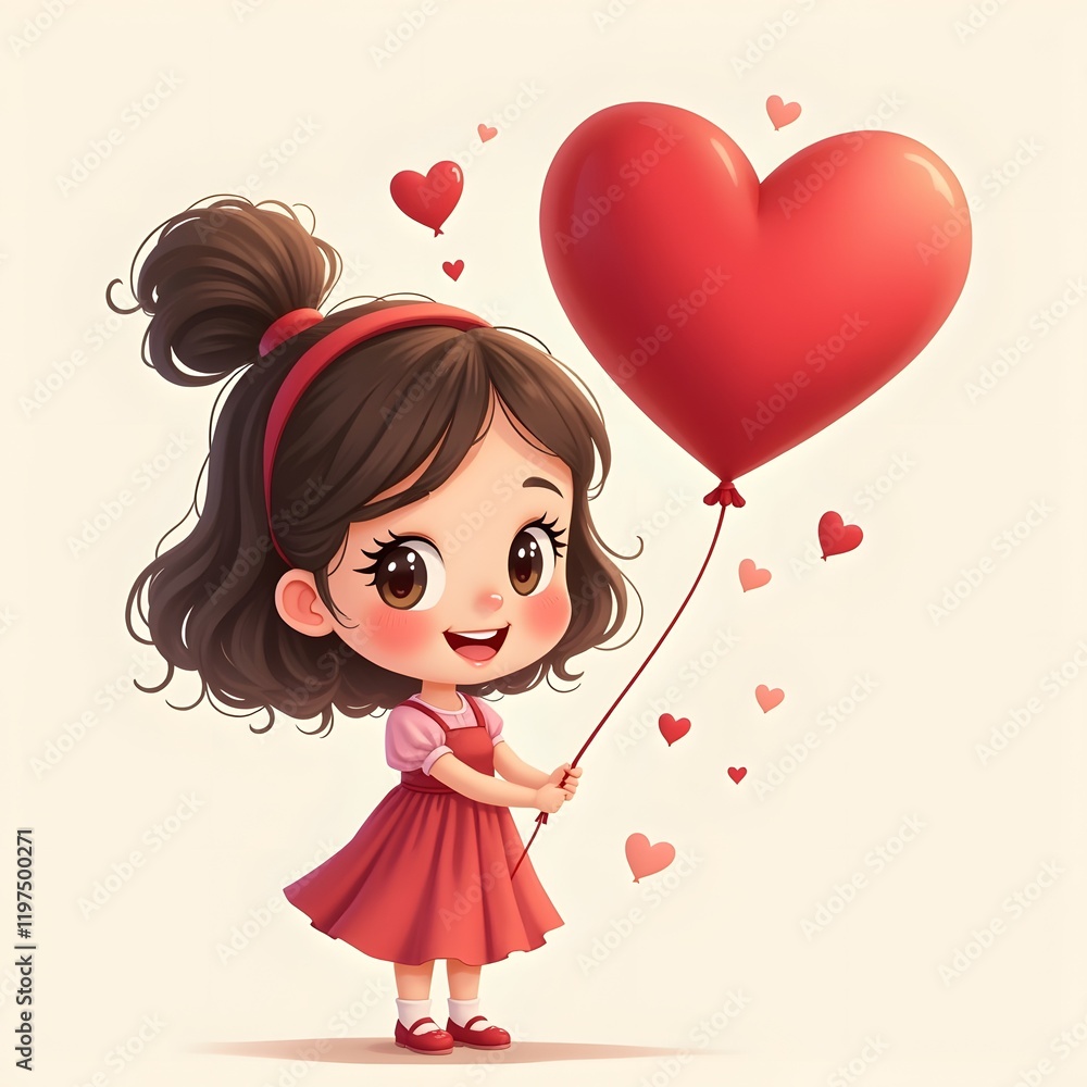 cute girl, red heart balloon, valentines card cute girl, red heart balloon, valentines card