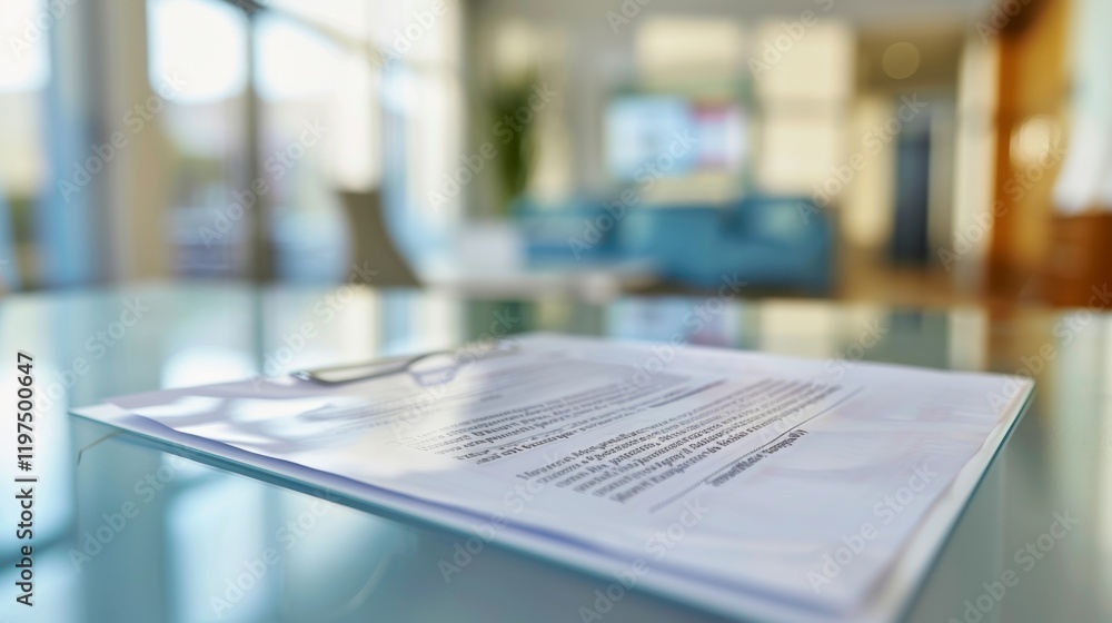 Naklejka premium Corporate policy document on a sleek glass desk in a modern office setting, symbolizing professionalism and business clarity. Professional workplace and corporate governance concepts.