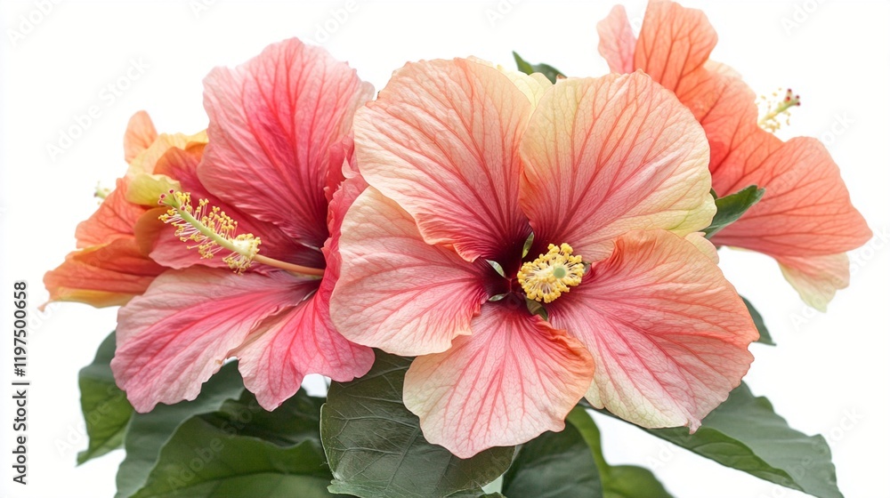 Beautiful coral pink hibiscus flowers in full bloom with delicate gradient petals, yellow stamens and dark green leaves isolated on pure white background, perfect for design. Beautiful coral pink hibiscus flowers in full bloom with delicate gradient petals, yellow stamens and dark green leaves isolated on pure white background, perfect for design.