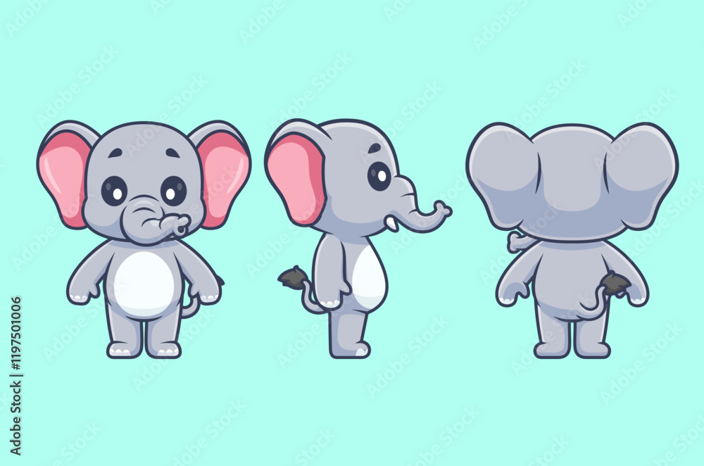 Cute Elephant With Front, Side And Back View Cartoon Vector Icon Illustration. Animal Nature Icon Concept Isolated Premium Vector. Flat Cartoon Style Cute Elephant With Front, Side And Back View Cartoon Vector Icon Illustration. Animal Nature Icon Concept Isolated Premium Vector. Flat Cartoon Style