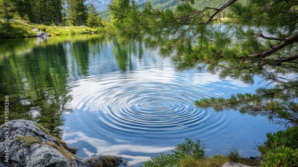 A peaceful lake with a tree branch dipping into the water, creating gentle ripples on the surface. A peaceful lake with a tree branch dipping into the water, creating gentle ripples on the surface.
