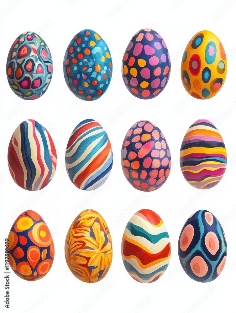 Cartoon colorful easter eggs with patterns isolated on white background Cartoon colorful easter eggs with patterns isolated on white background