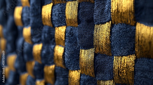 Fototapeta Naklejka Na Ścianę i Meble -  3D woven textile wall with raised fibers in deep indigo and gold, evoking a luxury handcrafted design.