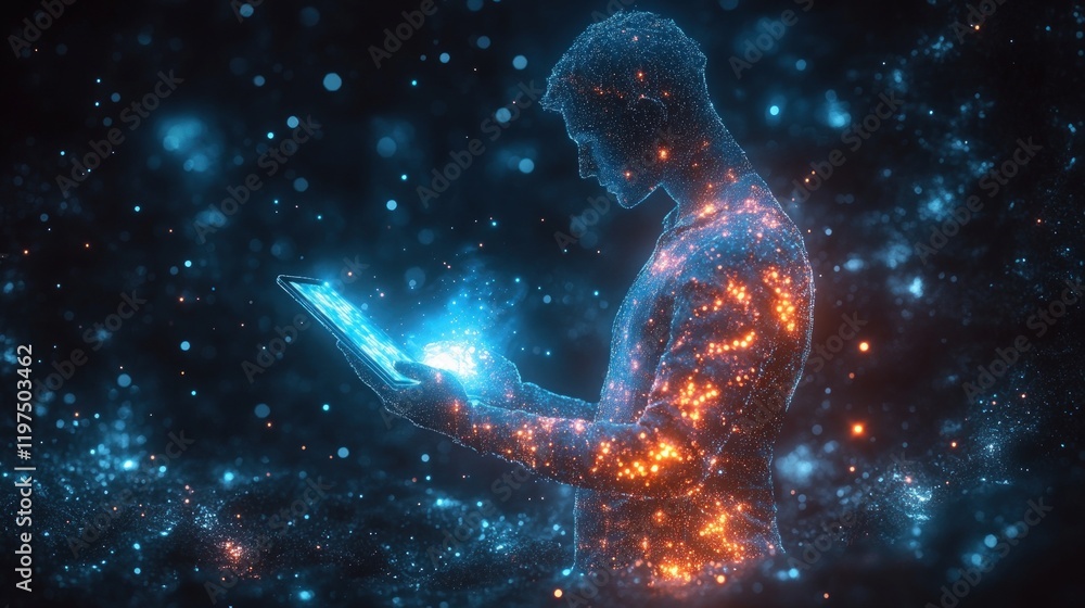 A man made of glowing particles uses a tablet computer in a dark, futuristic setting. A man made of glowing particles uses a tablet computer in a dark, futuristic setting.