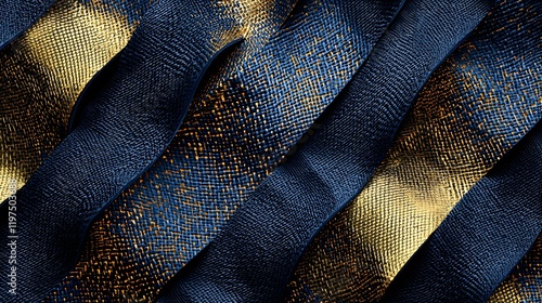 Fototapeta Naklejka Na Ścianę i Meble -  3D woven textile wall with raised fibers in deep indigo and gold, evoking a luxury handcrafted design.