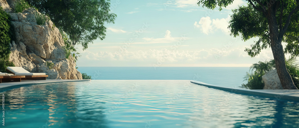 Obraz premium Luxurious tropical infinity pool with stunning ocean view and serene atmosphere