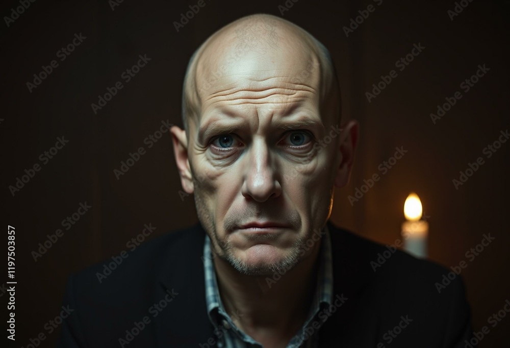 Portrait of a bald man with a worried expression Portrait of a bald man with a worried expression