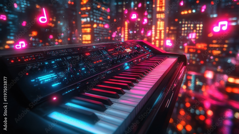Synthwave Nightscape: A Futuristic Keyboard in a Vibrant City Synthwave Nightscape: A Futuristic Keyboard in a Vibrant City