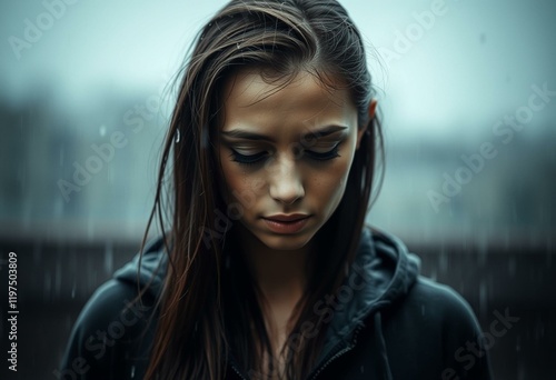 A young woman standing under heavy rain, with water dripping down her face and clothes