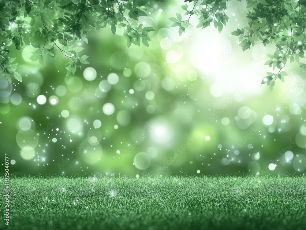 Obraz premium Lush green grass and sparkling bokeh with leafy canopy