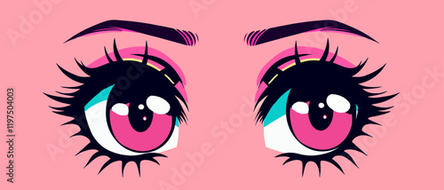 Bold fashionable graphic vector illustration of a pair of pink anime eyes of a female character for t-shirt printing.