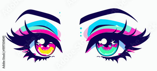 Sparkling blue and pink bright eyes with long lashes of anime girl. Stylish cartoon illustration in manga comics style for t-shirt printing. 