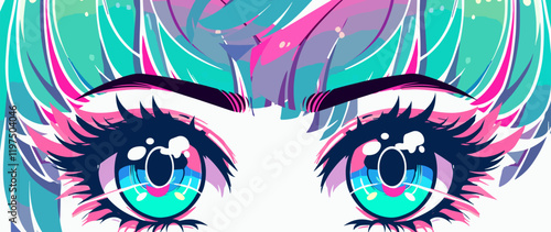 Sparkling blue and green bright anime eyes with pink shadows isolated on light colored background. Stylish cartoon illustration in manga comic book style for printing on t-shirts and clothing. 