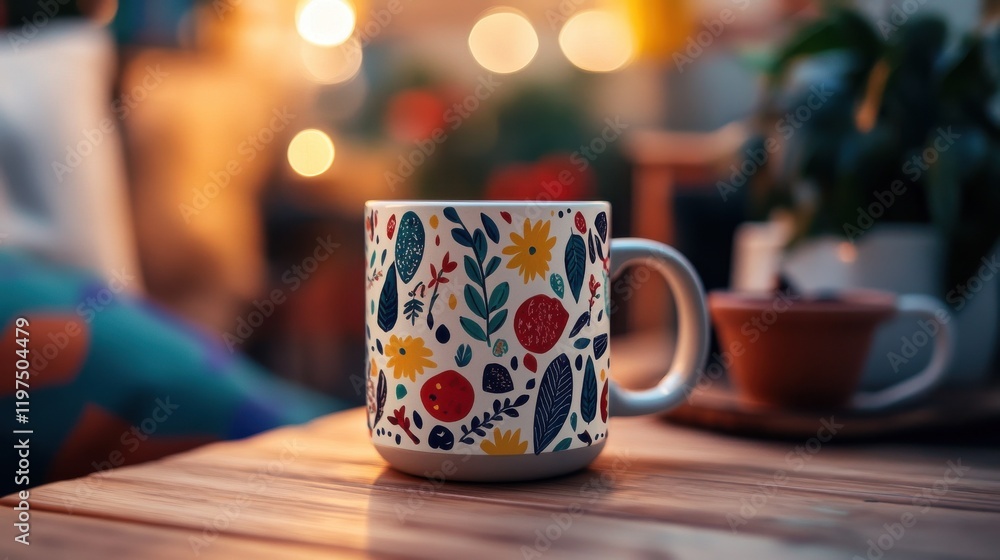 Fototapeta premium Custom-designed ceramic mug featuring vibrant hand-drawn patterns in a cozy creative workspace setting