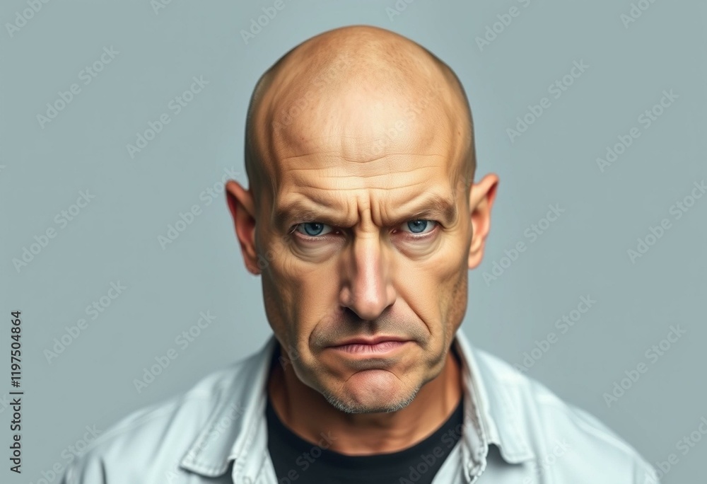 Portrait of a bald man with a scowling expression