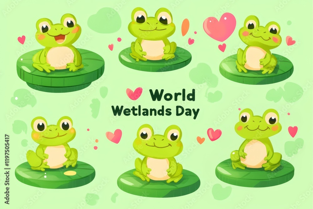 Obraz premium Cute cartoon frogs celebrating world wetlands day with hearts and lily pads