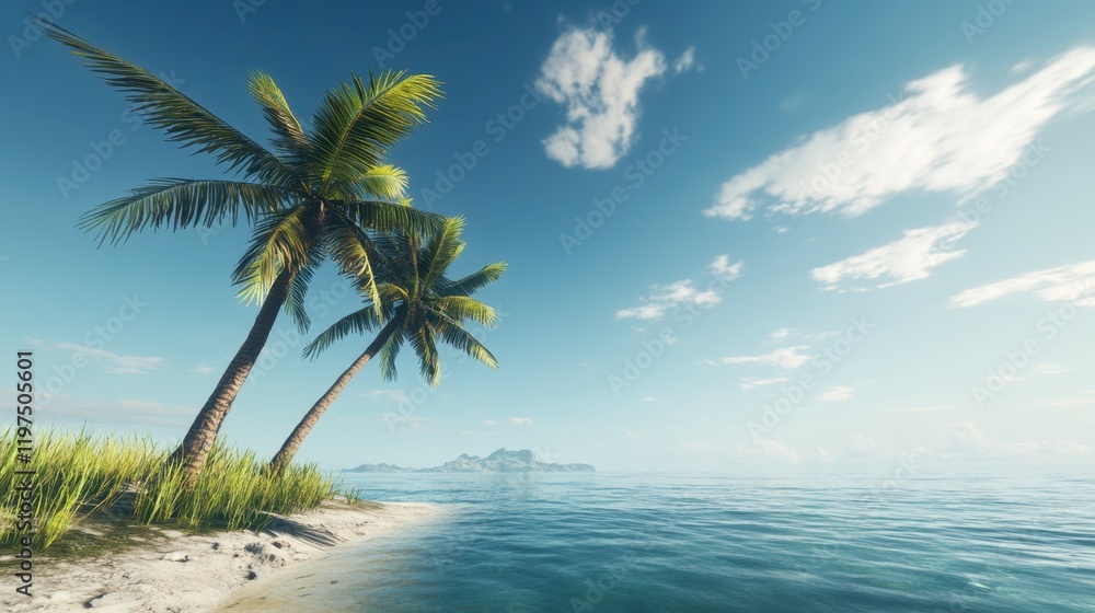 A peaceful tropical scene with twin palm trees by the ocean, basking under a clear blue sky and a few fluffy clouds. A peaceful tropical scene with twin palm trees by the ocean, basking under a clear blue sky and a few fluffy clouds.